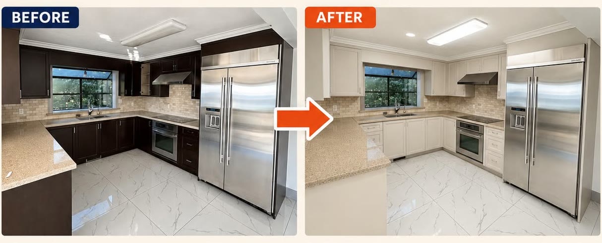 Before and after comparison of a Vancouver kitchen: dark brown cabinets on the left, the same cabinets refinished in a light cream finish on the right