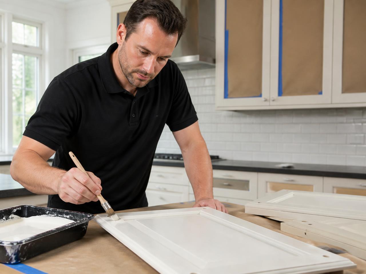 A QuickHands painter brushing a smooth off-white finish onto a kitchen cabinet door during a Metro Vancouver refinishing project
